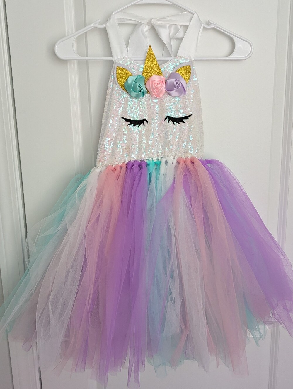 White & Pastel Rainbow Unicorn Tutu Dress Kids Costume Set 8yo